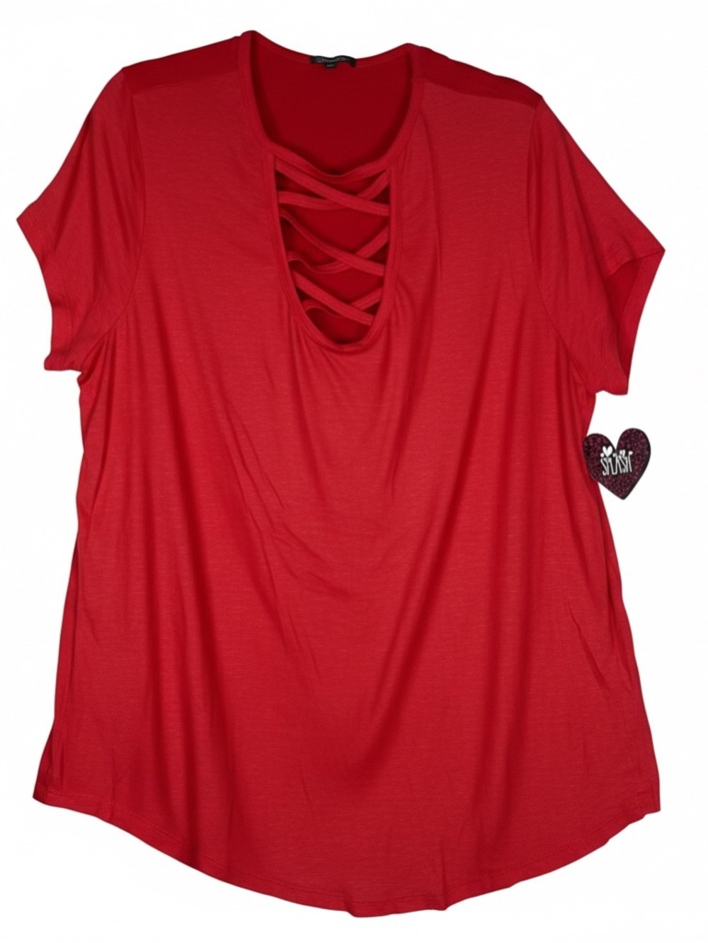 NWT Splash Red Criss Cross Neck Top Plus Size 3X Short Sleeve Lattice Tee‎ Soft